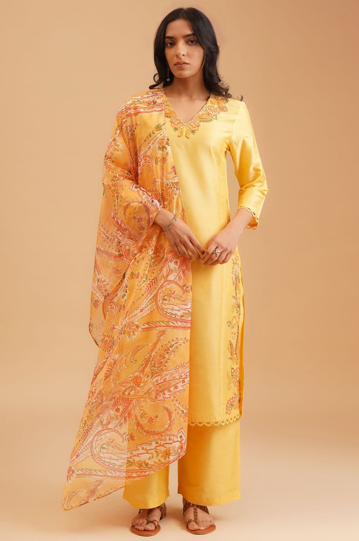 Yellow Thread Embroidered Straight Kurta with Straight Pants and Dupatta Set
