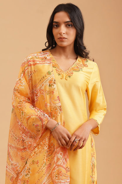 Yellow Thread Embroidered Straight Kurta with Straight Pants and Dupatta Set