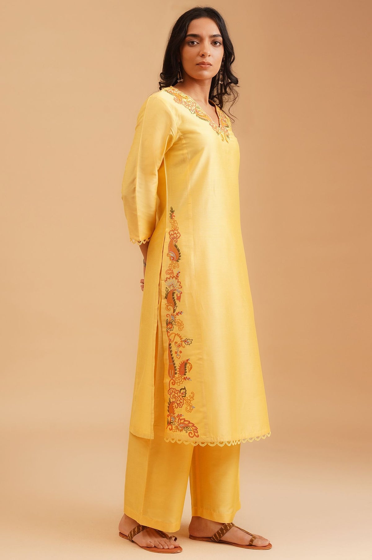 Yellow Thread Embroidered Straight Kurta with Straight Pants and Dupatta Set