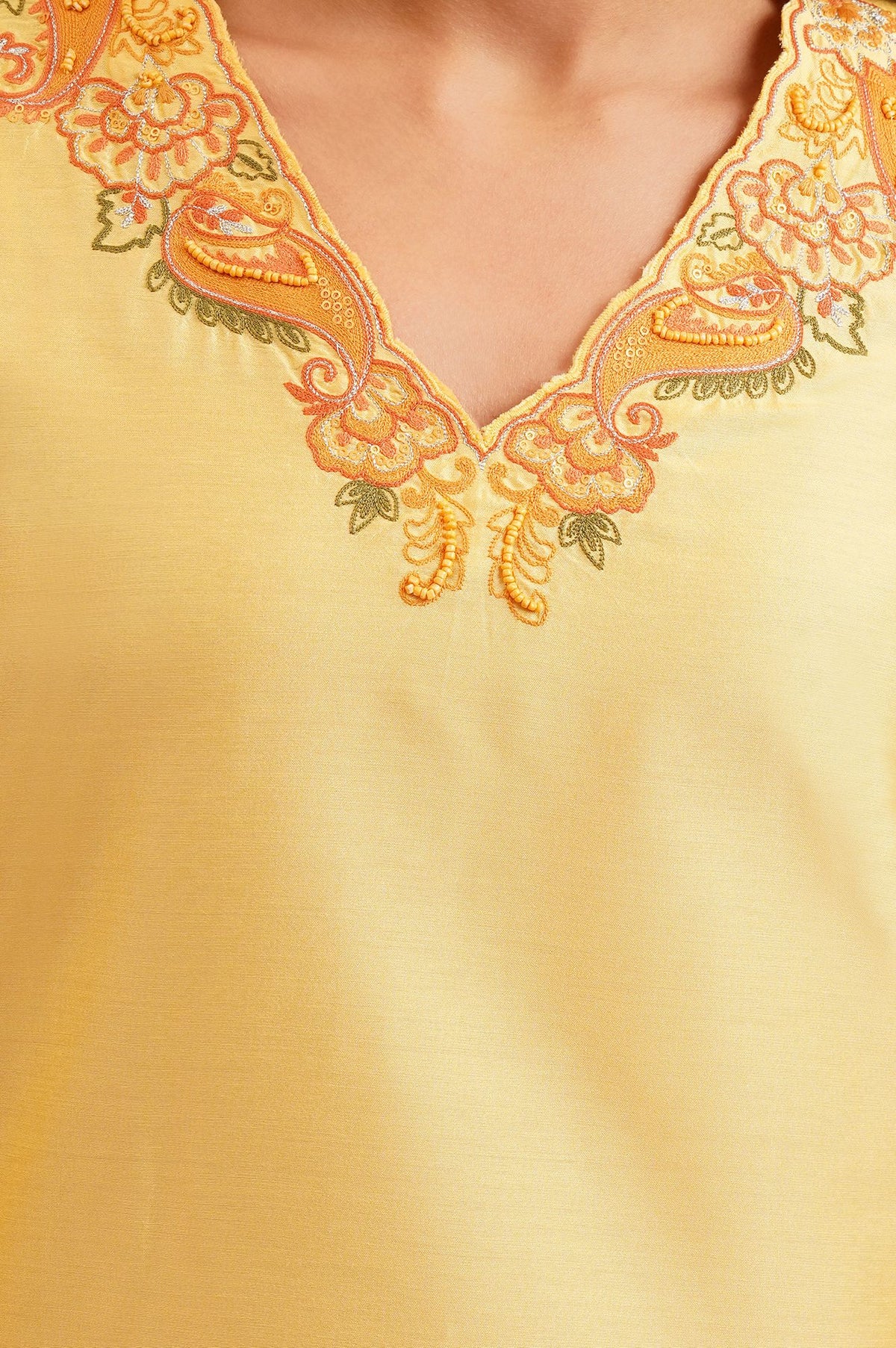 Yellow Thread Embroidered Straight Kurta with Straight Pants and Dupatta Set
