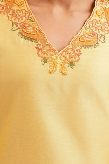 Yellow Thread Embroidered Straight Kurta with Straight Pants and Dupatta Set