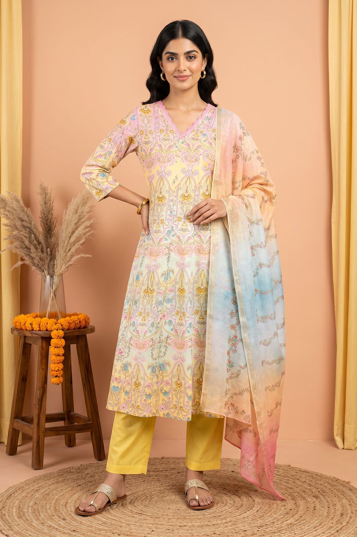 Yellow Floral Printed Pure Cotton A-line Kurta with Pant and Dupatta Set