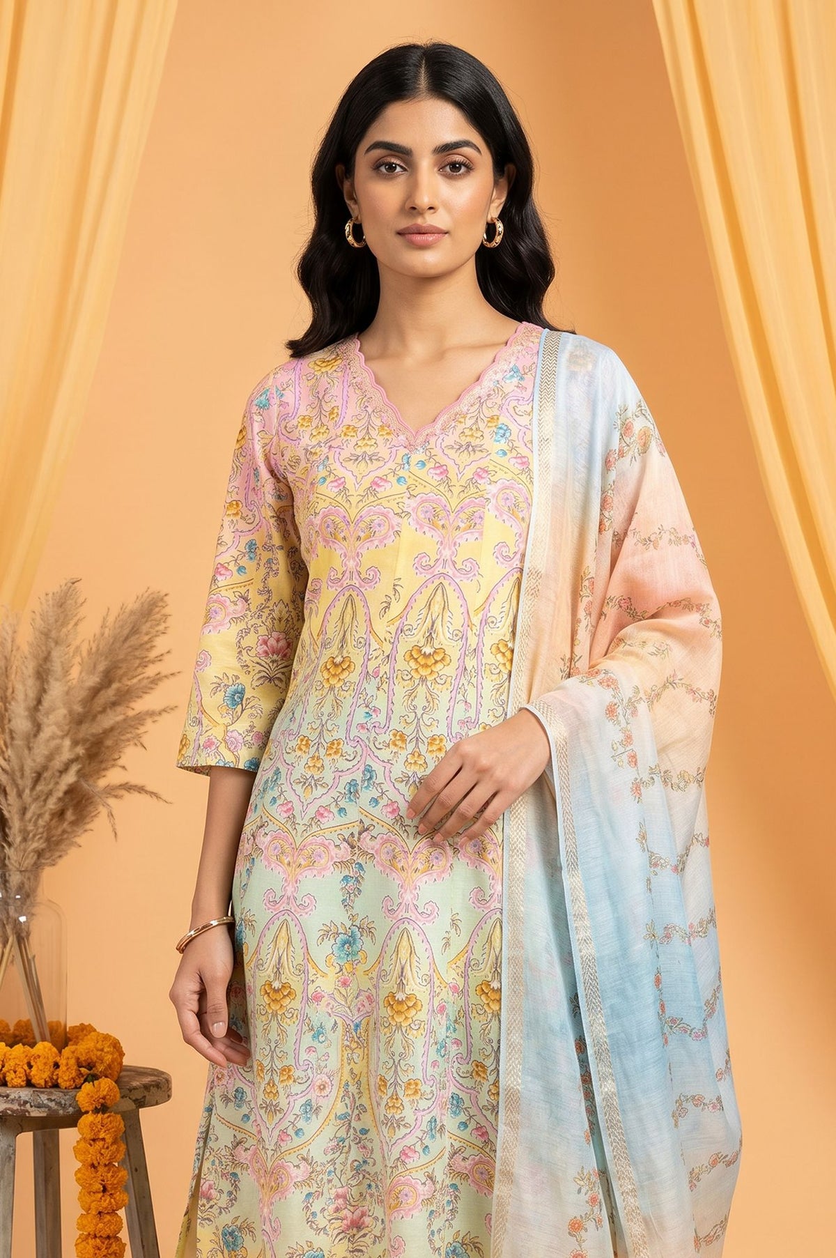 Yellow Floral Printed Pure Cotton A-line Kurta with Pant and Dupatta Set