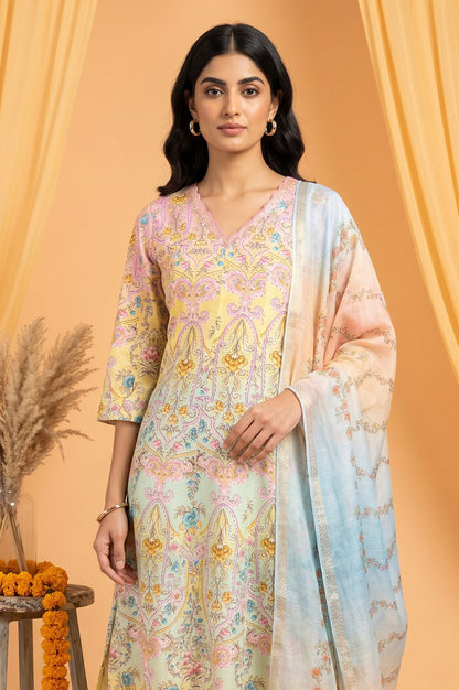 Yellow Floral Printed Pure Cotton A-line Kurta with Pant and Dupatta Set