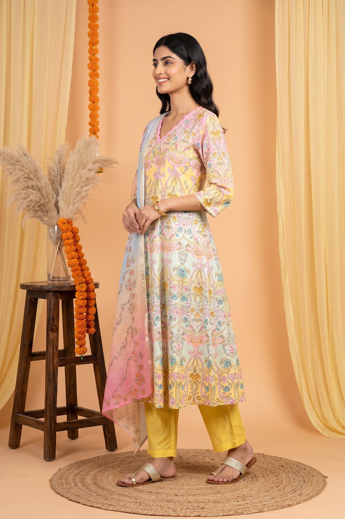 Yellow Floral Printed Pure Cotton A-line Kurta with Pant and Dupatta Set