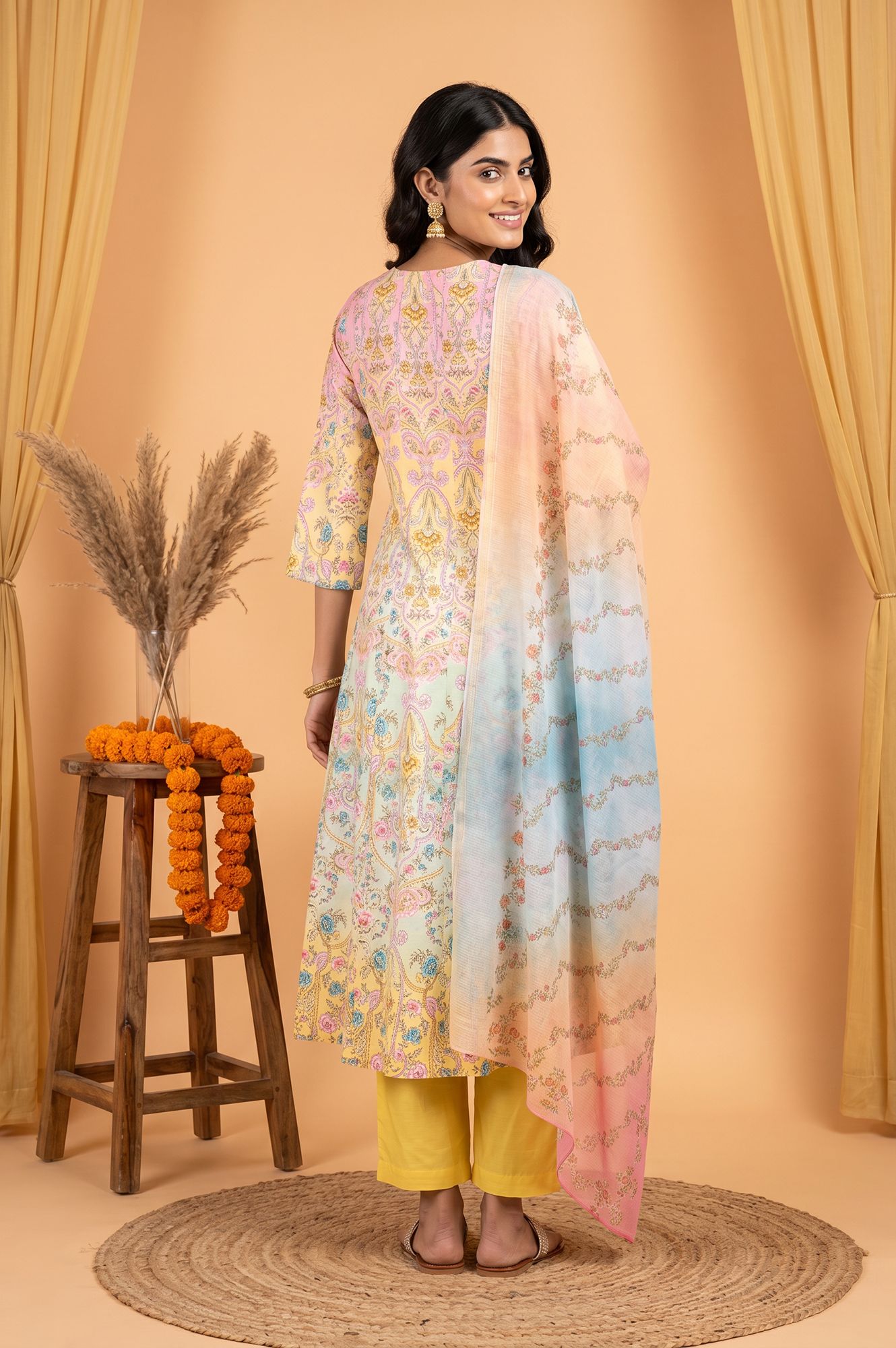 Yellow Floral Printed Pure Cotton A-line Kurta with Pant and Dupatta Set