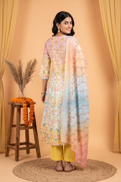 Yellow Floral Printed Pure Cotton A-line Kurta with Pant and Dupatta Set