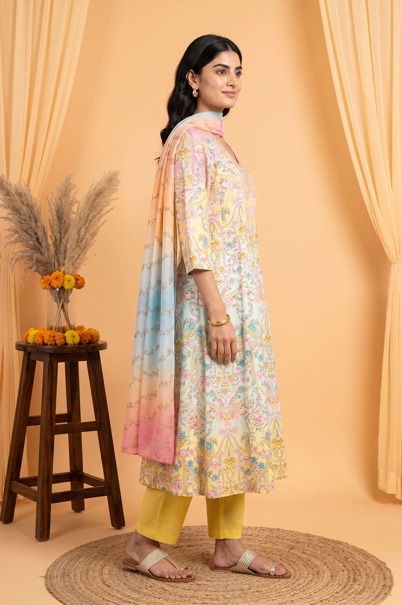 Yellow Floral Printed Pure Cotton A-line Kurta with Pant and Dupatta Set
