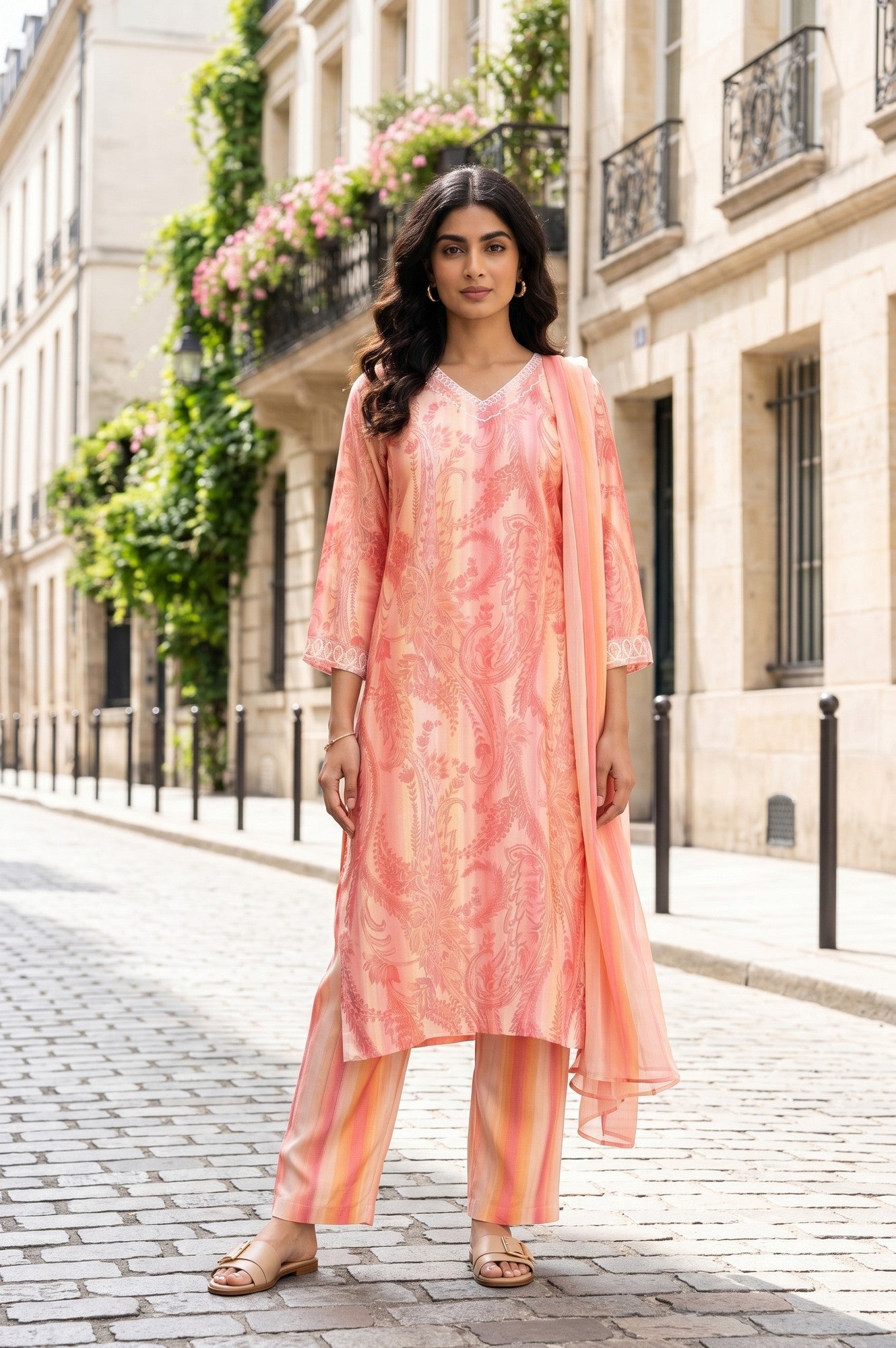 Peach Paisley Printed Straight Kurta With Pants And Dupatta Set