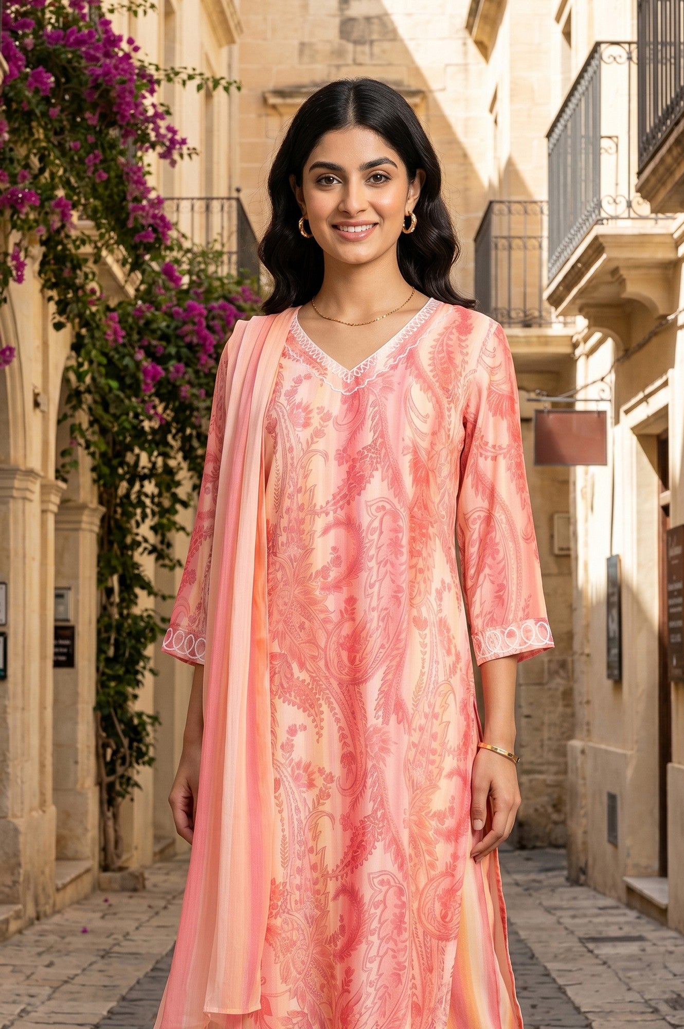 Peach Paisley Printed Straight Kurta With Pants And Dupatta Set