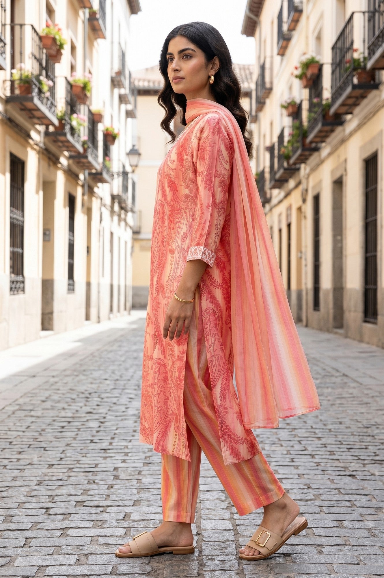 Peach Paisley Printed Straight Kurta With Pants And Dupatta Set