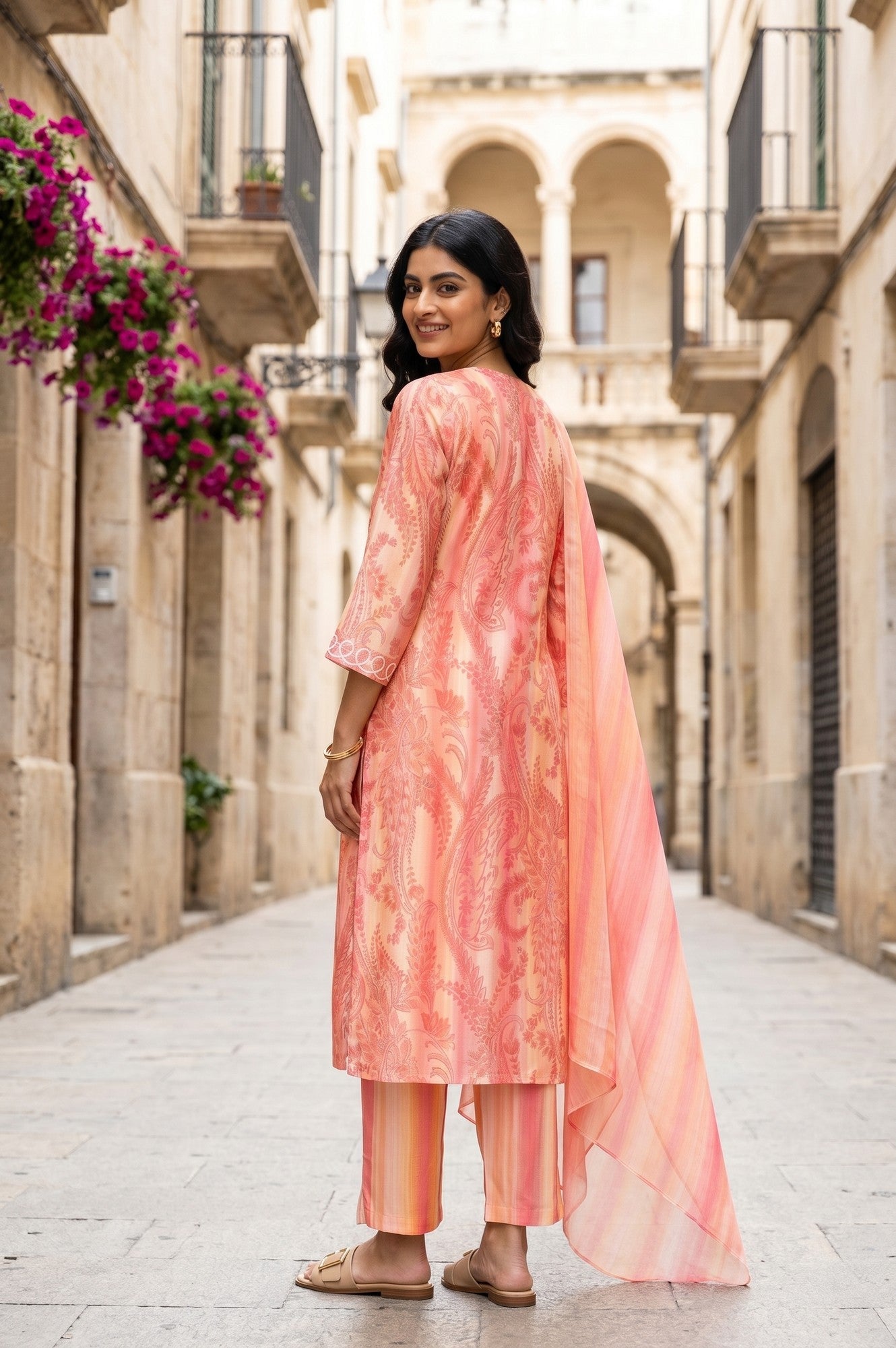 Peach Paisley Printed Straight Kurta With Pants And Dupatta Set
