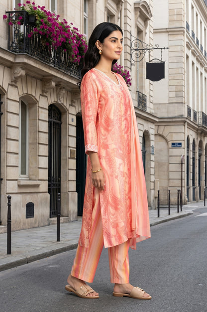 Peach Paisley Printed Straight Kurta With Pants And Dupatta Set