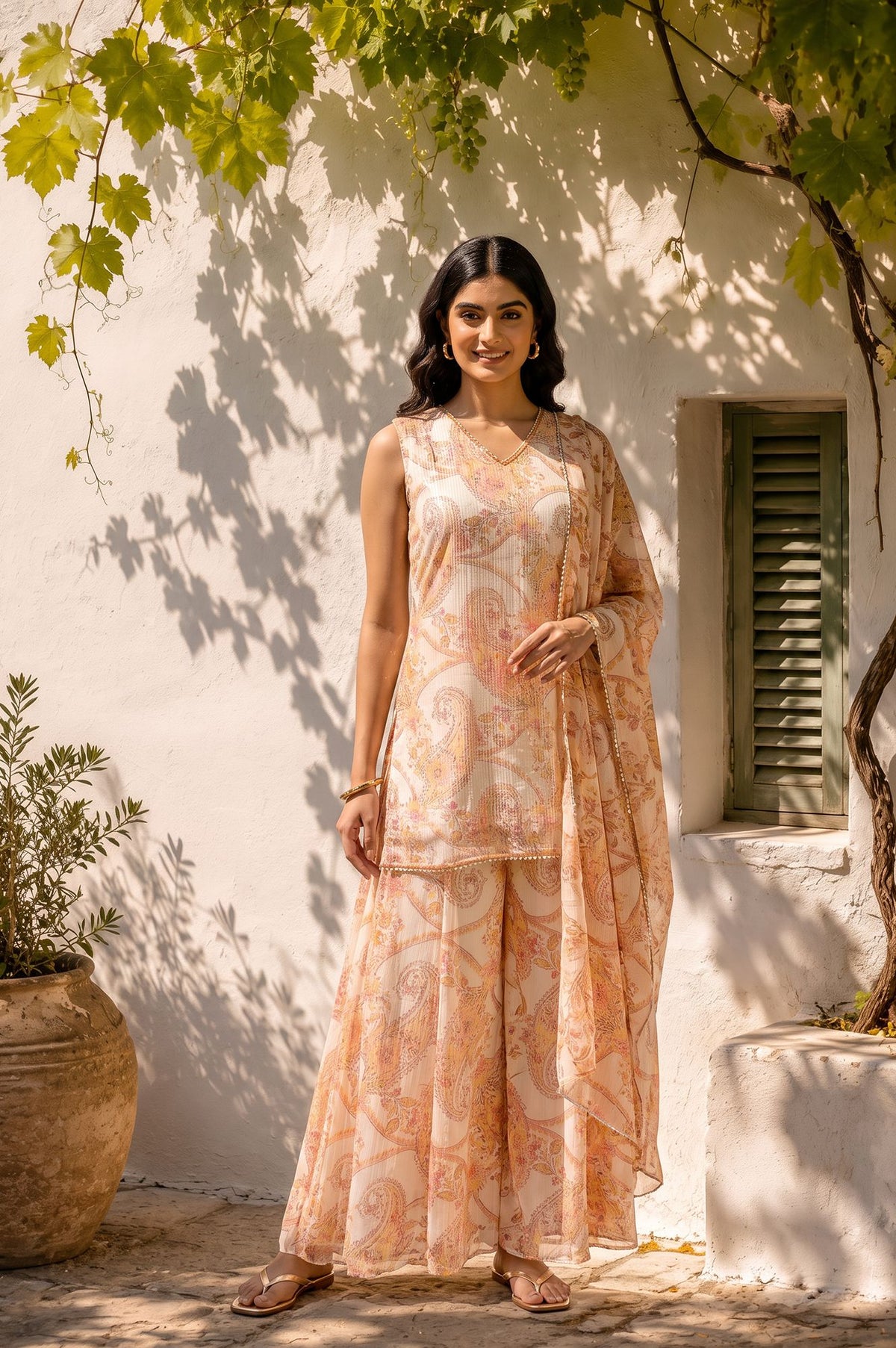 Off White Paisley Printed Chiffon Sleeveless Straight Kurta with Pants and Dupatta Set