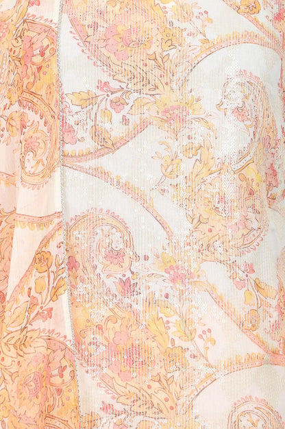 Off White Paisley Printed Chiffon Sleeveless Straight Kurta with Pants and Dupatta Set