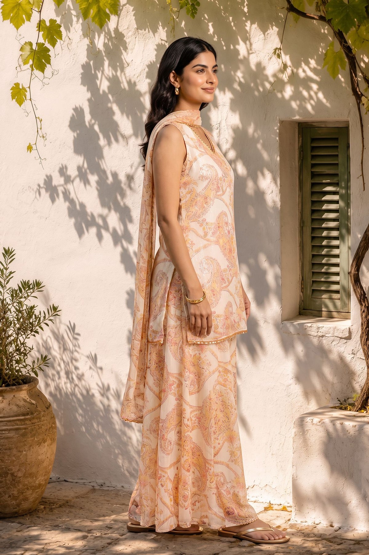 Off White Paisley Printed Chiffon Sleeveless Straight Kurta with Pants and Dupatta Set