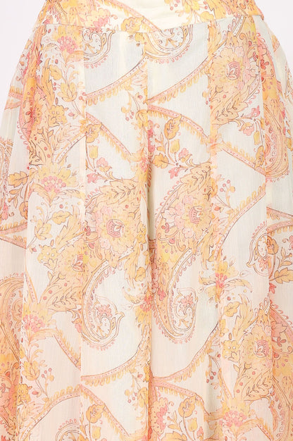 Off White Paisley Printed Chiffon Sleeveless Straight Kurta with Pants and Dupatta Set