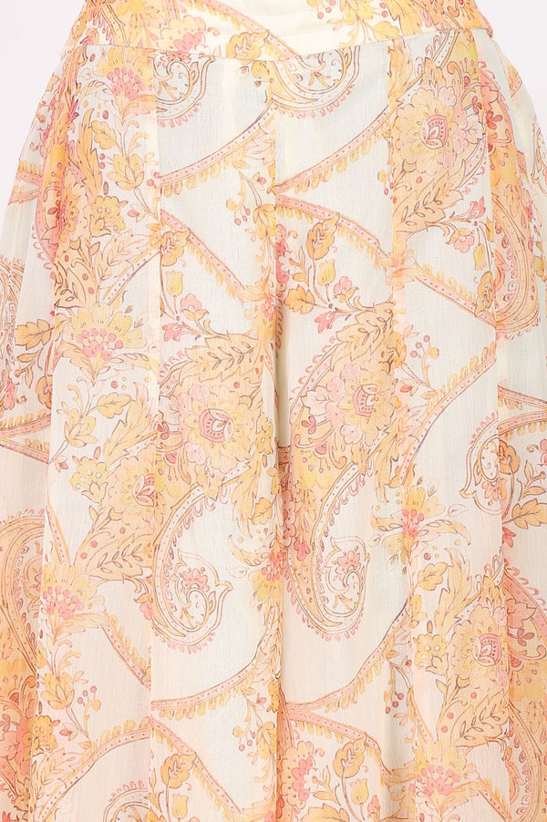 Off White Paisley Printed Chiffon Sleeveless Straight Kurta with Pants and Dupatta Set