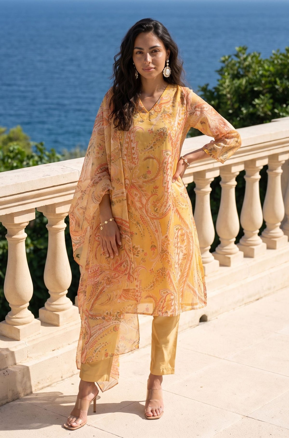 Yellow Paisley Printed Sequins Thread Embroidered Organza Straight Kurta with Straight Pants and Dupatta Set
