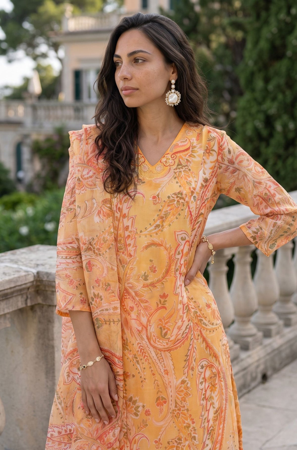 Yellow Paisley Printed Sequins Thread Embroidered Organza Straight Kurta with Straight Pants and Dupatta Set