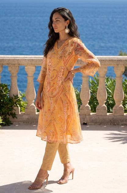 Yellow Paisley Printed Sequins Thread Embroidered Organza Straight Kurta with Straight Pants and Dupatta Set