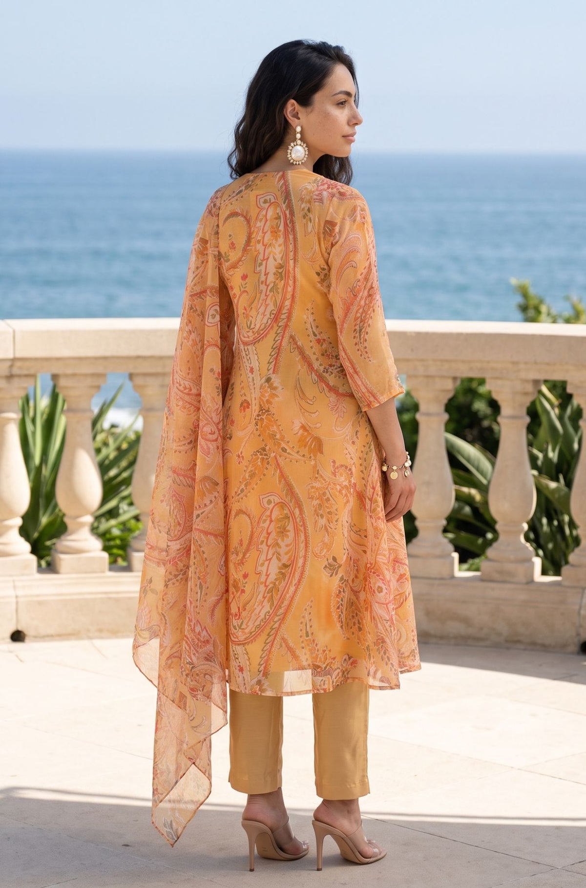 Yellow Paisley Printed Sequins Thread Embroidered Organza Straight Kurta with Straight Pants and Dupatta Set