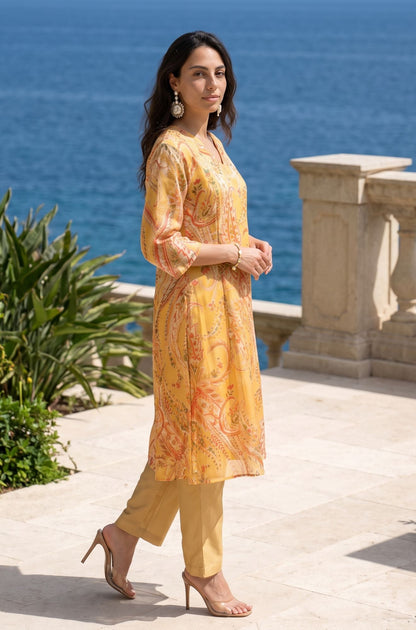 Yellow Paisley Printed Sequins Thread Embroidered Organza Straight Kurta with Straight Pants and Dupatta Set