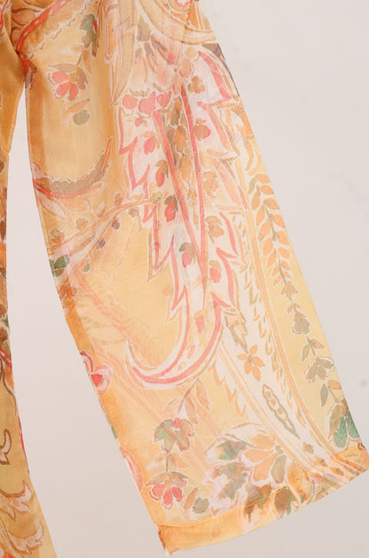 Yellow Paisley Printed Sequins Thread Embroidered Organza Straight Kurta with Straight Pants and Dupatta Set
