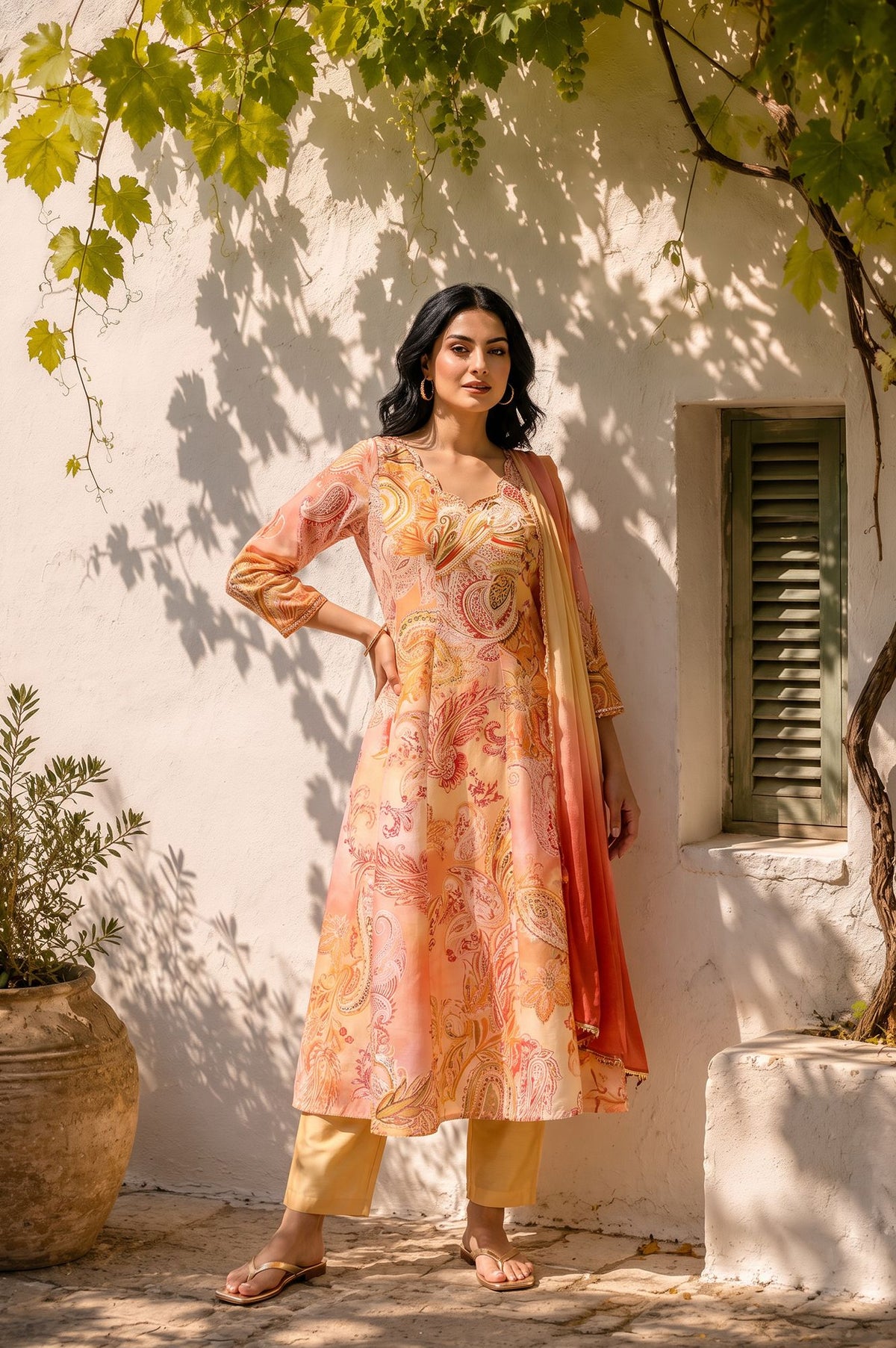 Peach Paisley Printed Chanderi Flared Kurta with Pants and Dupatta Set