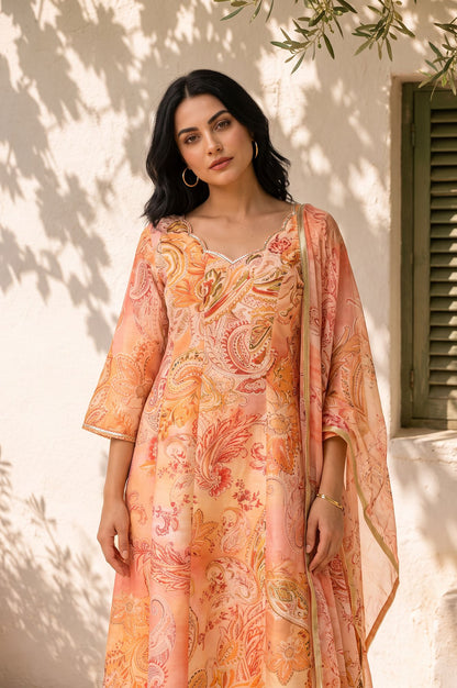 Peach Paisley Printed Chanderi Flared Kurta with Pants and Dupatta Set