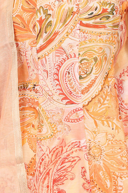 Peach Paisley Printed Chanderi Flared Kurta with Pants and Dupatta Set