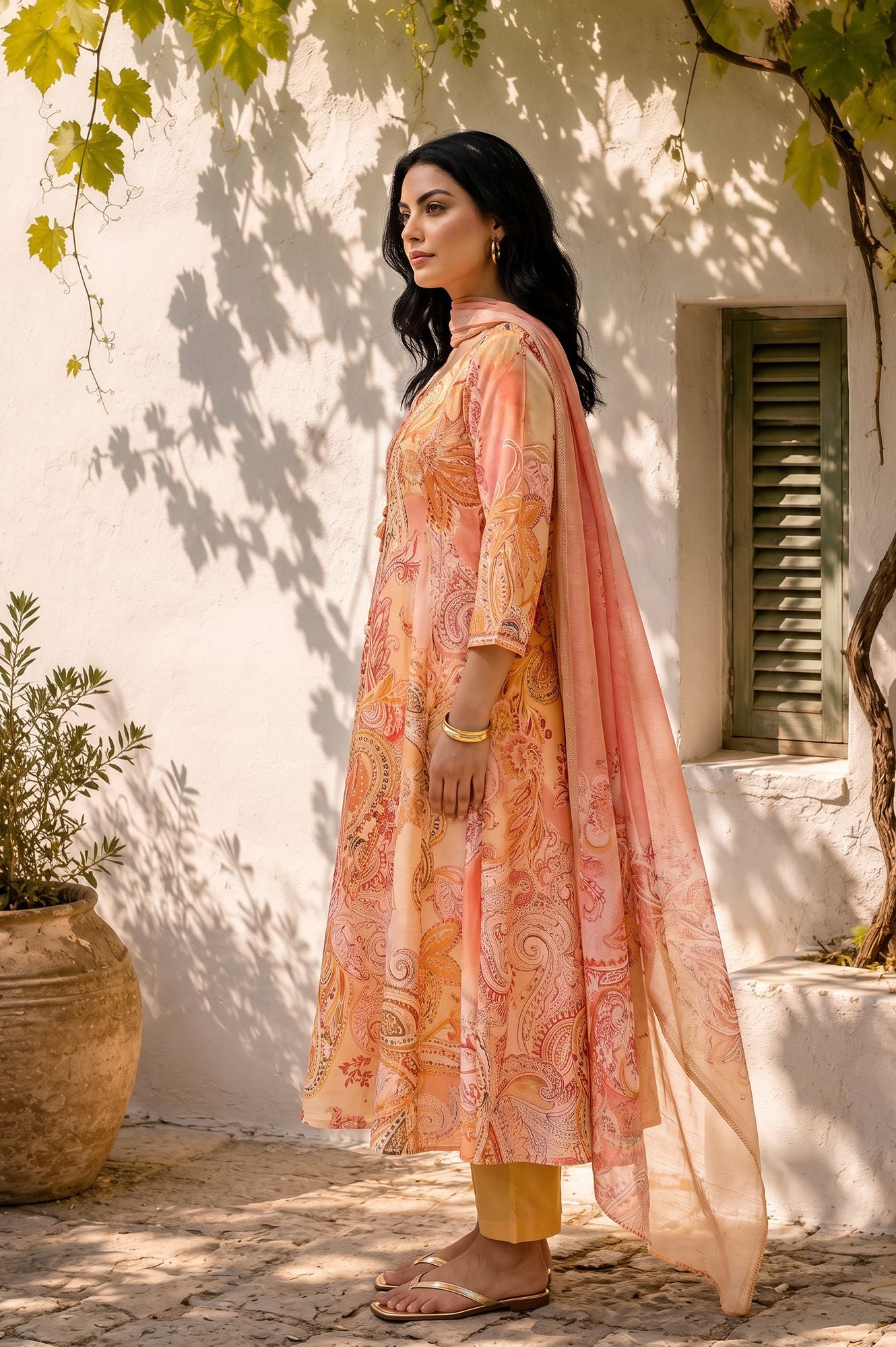 Peach Paisley Printed Chanderi Flared Kurta with Pants and Dupatta Set