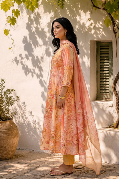 Peach Paisley Printed Chanderi Flared Kurta with Pants and Dupatta Set