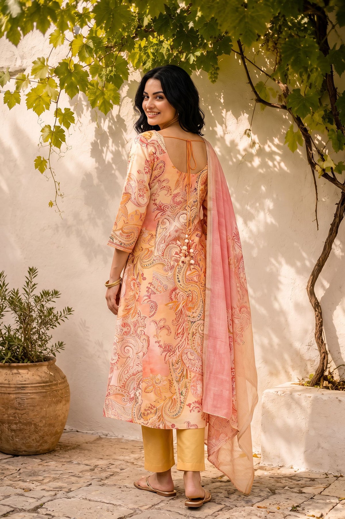 Peach Paisley Printed Chanderi Flared Kurta with Pants and Dupatta Set