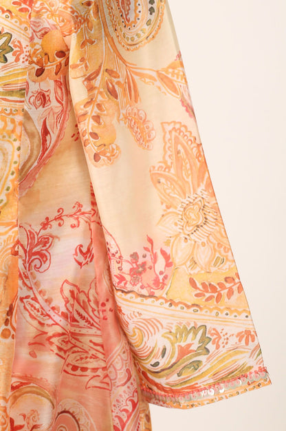 Peach Paisley Printed Chanderi Flared Kurta with Pants and Dupatta Set
