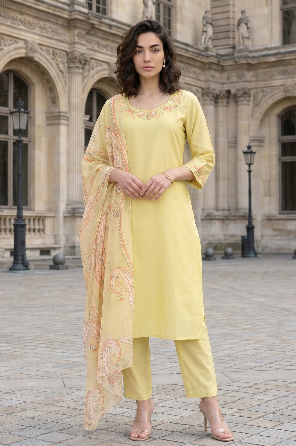 Yellow Thread Embroidered Straight Kurta with Pants and Dupatta Set - XS