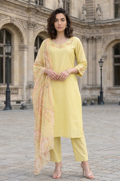 Yellow Thread Embroidered Straight Kurta with Pants and Dupatta Set