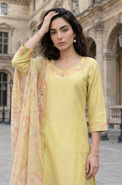 Yellow Thread Embroidered Straight Kurta with Pants and Dupatta Set