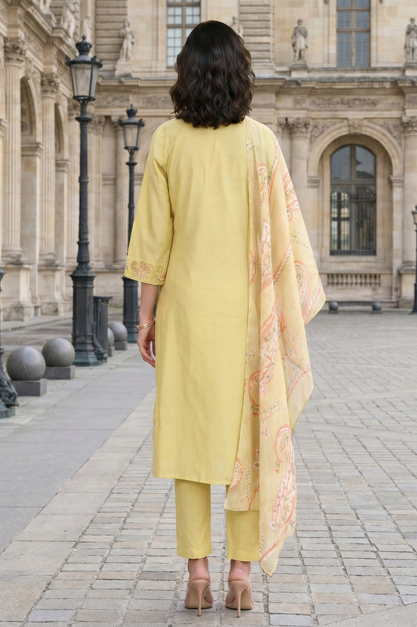 Yellow Thread Embroidered Straight Kurta with Pants and Dupatta Set