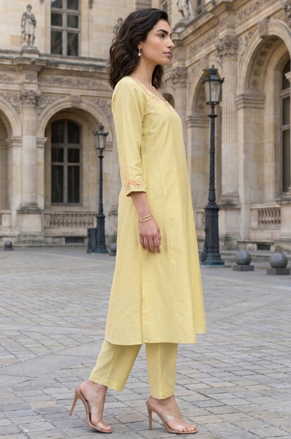 Yellow Thread Embroidered Straight Kurta with Pants and Dupatta Set