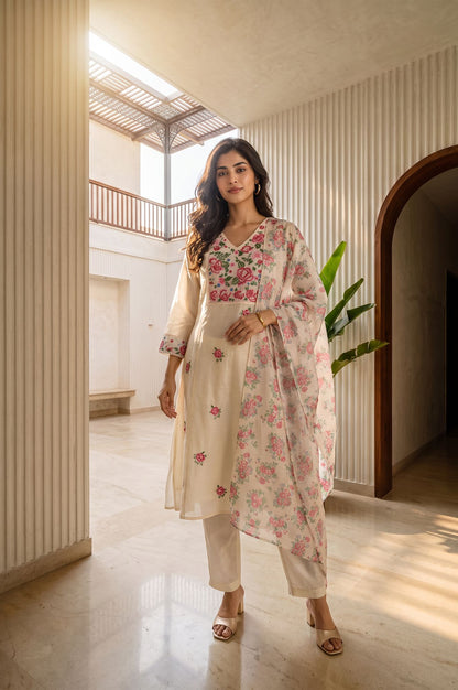 Off White Thread Embroidered Chanderi Straight Kurta with Straight Pants and Dupatta Set
