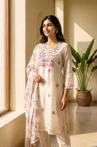 Off White Thread Embroidered Chanderi Straight Kurta with Straight Pants and Dupatta Set