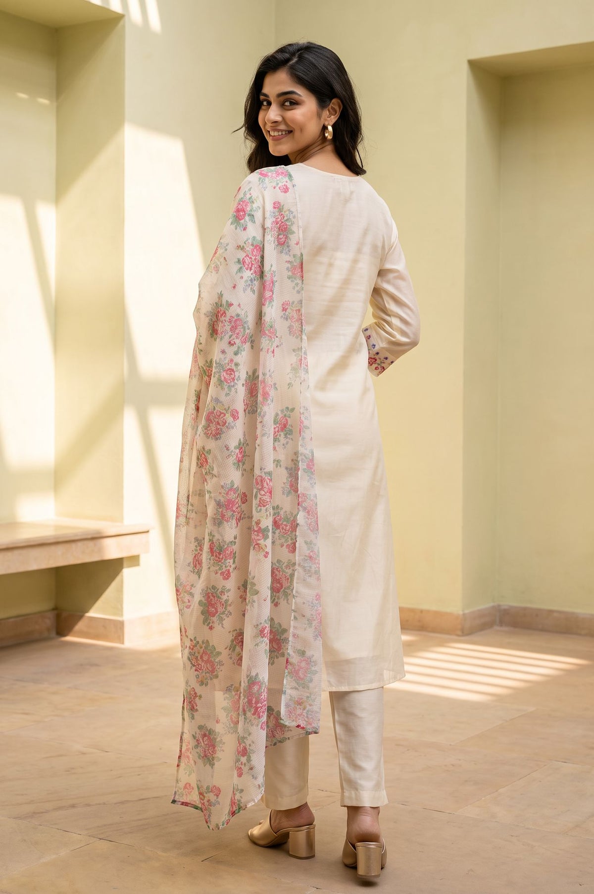 Off White Thread Embroidered Chanderi Straight Kurta with Straight Pants and Dupatta Set