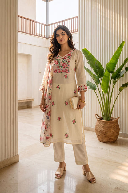 Off White Thread Embroidered Chanderi Straight Kurta with Straight Pants and Dupatta Set