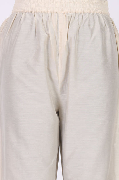 Off White Thread Embroidered Chanderi Straight Kurta with Straight Pants and Dupatta Set