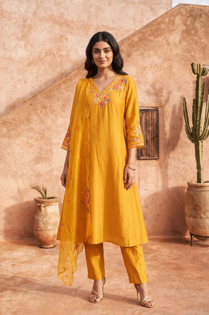 Yellow Thread Embroidered Flared Kurta with Pants and Dupatta Set