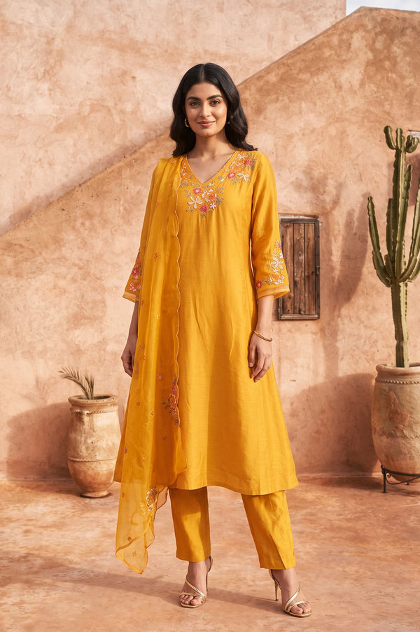 Yellow Thread Embroidered Flared Kurta with Pants and Dupatta Set