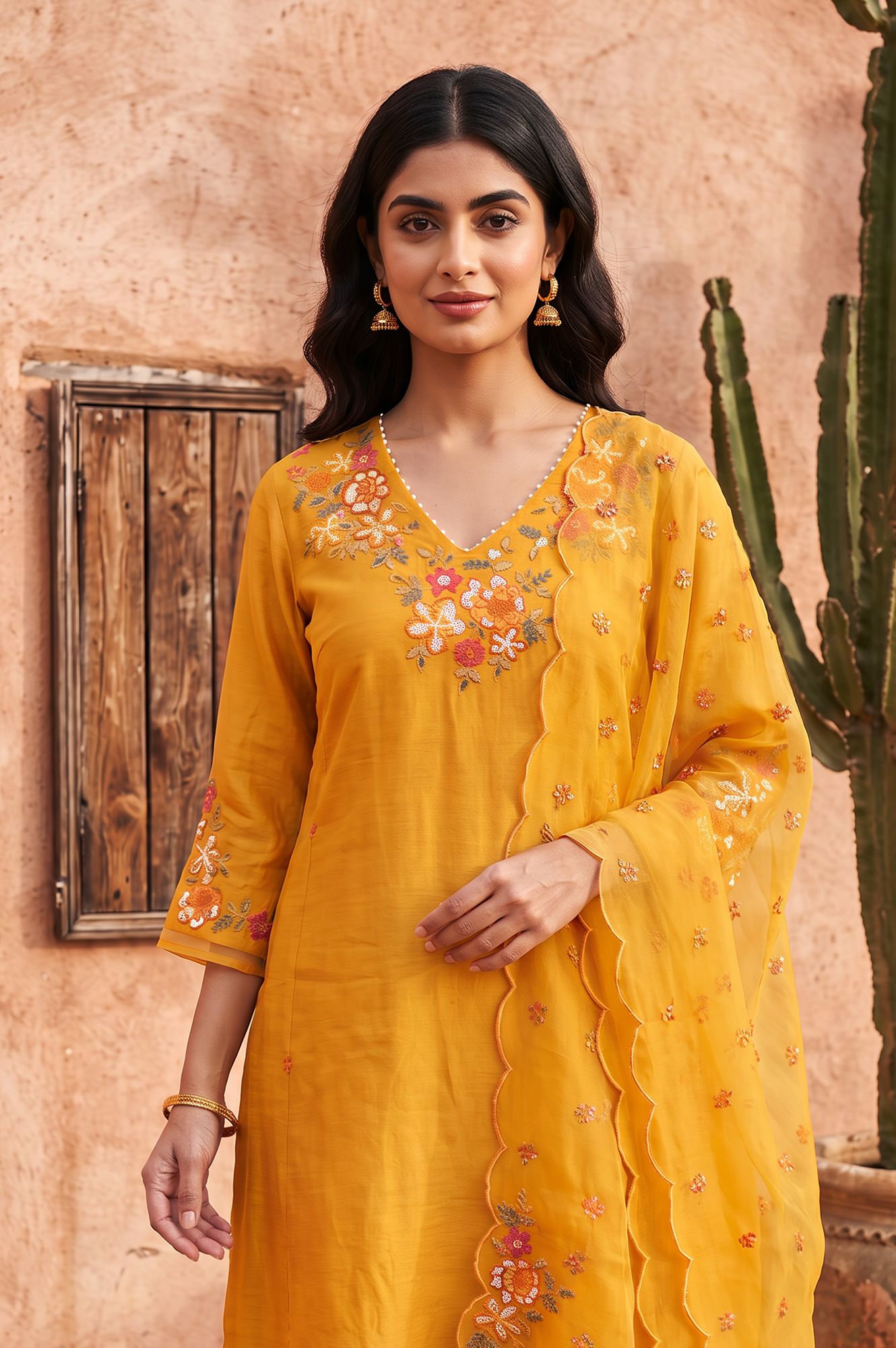 Yellow Thread Embroidered Flared Kurta with Pants and Dupatta Set