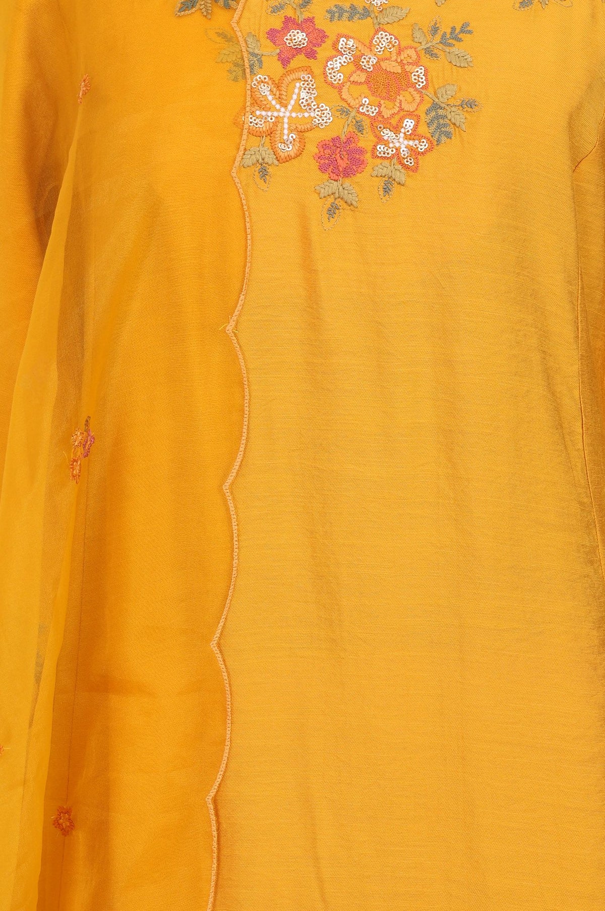 Yellow Thread Embroidered Flared Kurta with Pants and Dupatta Set