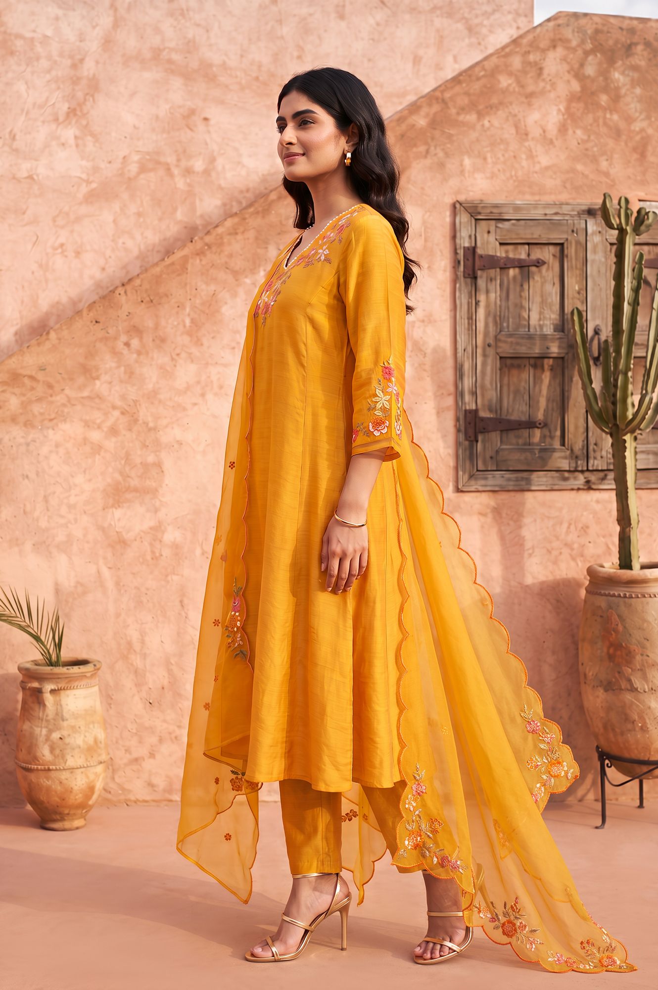 Yellow Thread Embroidered Flared Kurta with Pants and Dupatta Set